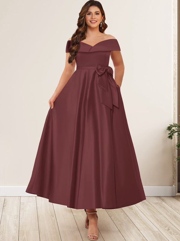 A-Line/Princess Off-The-Shoulder Sleeveless Plus Size Long Evening Dresses with Bow Knot