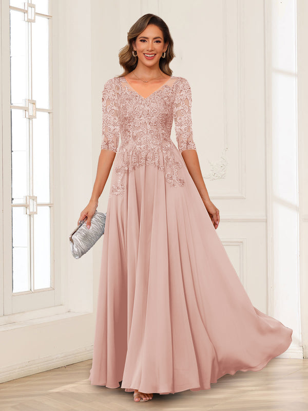 A-Line/Princess V-Neck Long Sleeves Chiffon Mother of the Bride Dresses with Applique