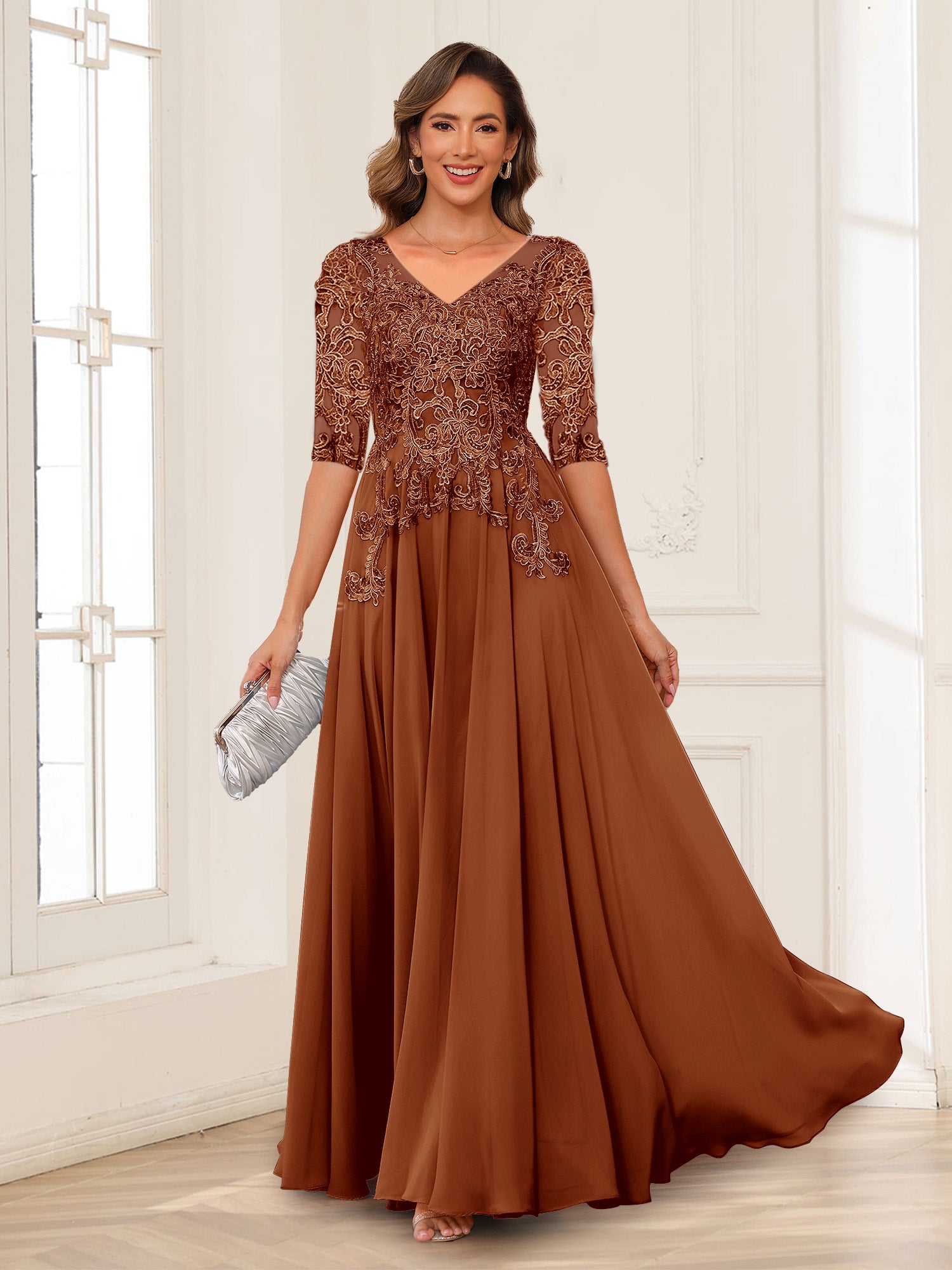 Lavetir Rust A-Line/Princess V-Neck Long Sleeves Chiffon Mother of the Bride Dresses with Applique 2026