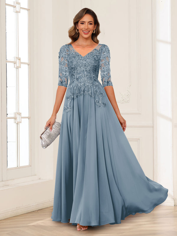 A-Line/Princess V-Neck Long Sleeves Chiffon Mother of the Bride Dresses with Applique