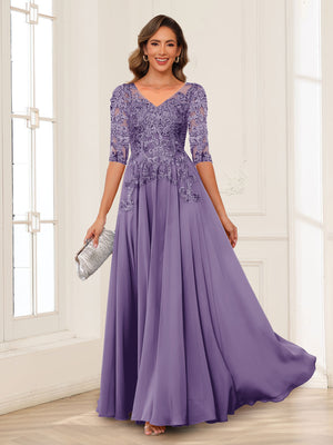 A-Line/Princess V-Neck Long Sleeves Chiffon Mother of the Bride Dresses with Applique