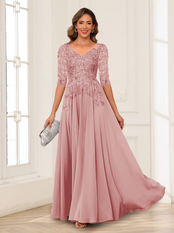 A-Line/Princess V-Neck Long Sleeves Chiffon Mother of the Bride Dresses with Applique