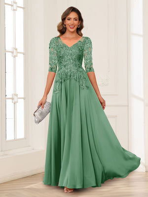 A-Line/Princess V-Neck Long Sleeves Chiffon Mother of the Bride Dresses with Applique