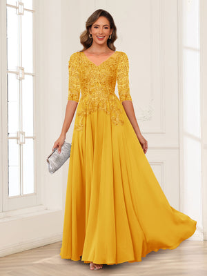 A-Line/Princess V-Neck Long Sleeves Chiffon Mother of the Bride Dresses with Applique