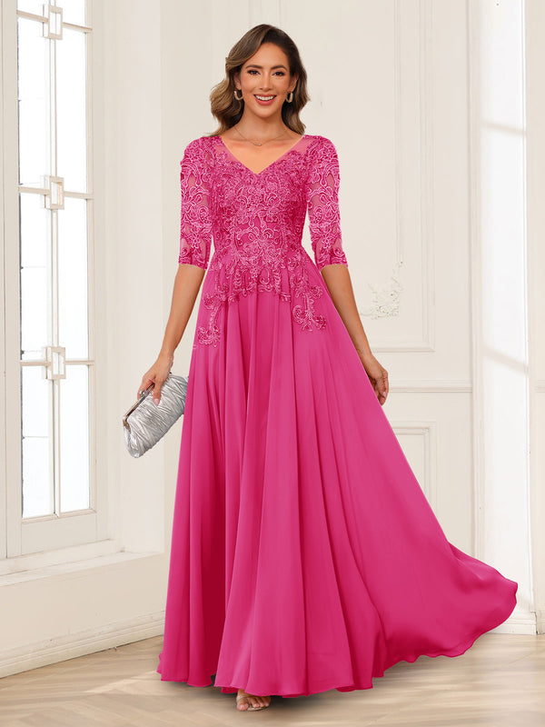 A-Line/Princess V-Neck Long Sleeves Chiffon Mother of the Bride Dresses with Applique