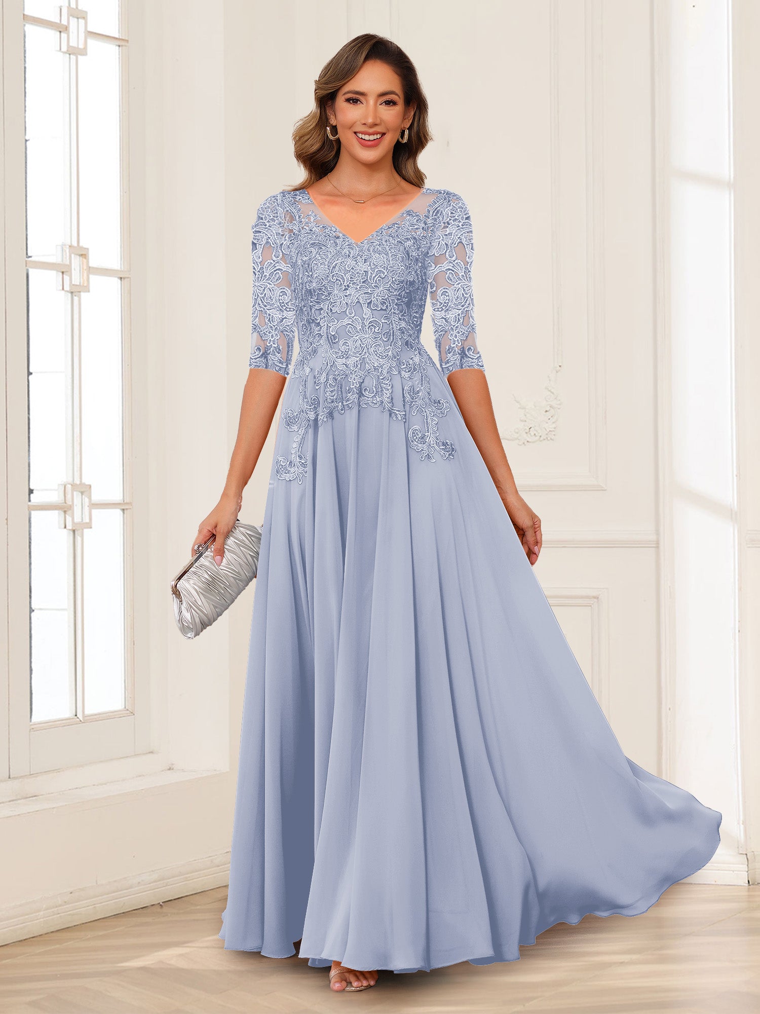 A-Line/Princess V-Neck Long Sleeves Chiffon Mother of the Bride Dresses with Applique