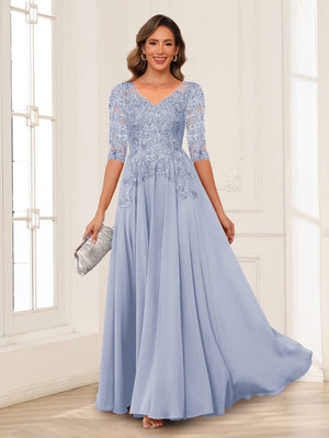 A-Line/Princess V-Neck Long Sleeves Chiffon Mother of the Bride Dresses with Applique