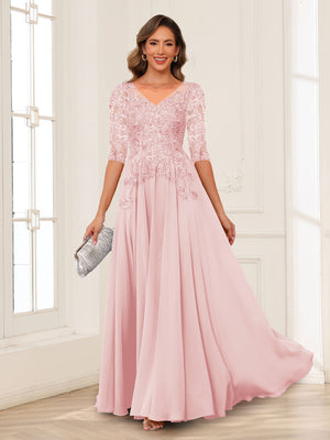 A-Line/Princess V-Neck Long Sleeves Chiffon Mother of the Bride Dresses with Applique