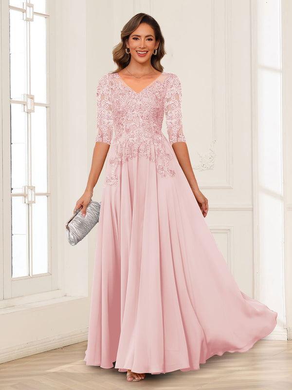 A-Line/Princess V-Neck Long Sleeves Chiffon Mother of the Bride Dresses with Applique