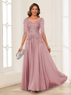 A-Line/Princess V-Neck Long Sleeves Chiffon Mother of the Bride Dresses with Applique