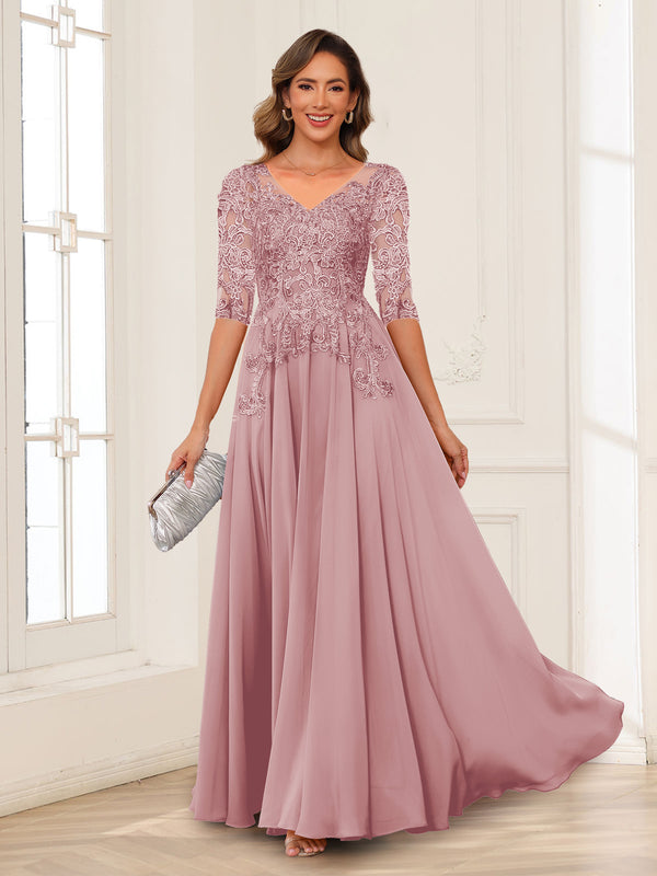 A-Line/Princess V-Neck Long Sleeves Chiffon Mother of the Bride Dresses with Applique