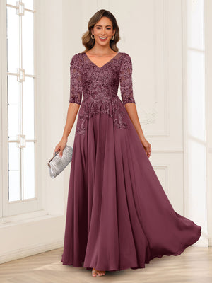 A-Line/Princess V-Neck Long Sleeves Chiffon Mother of the Bride Dresses with Applique