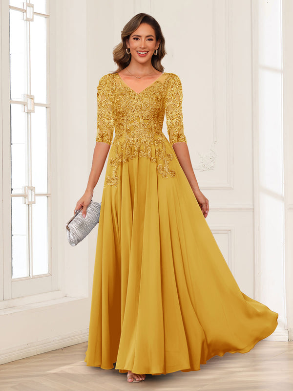 A-Line/Princess V-Neck Long Sleeves Chiffon Mother of the Bride Dresses with Applique
