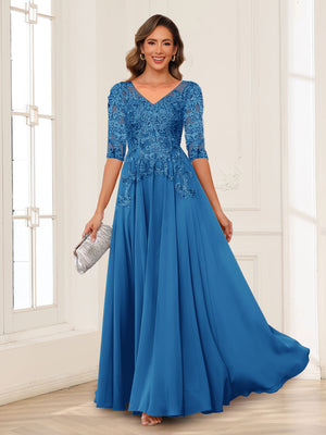 A-Line/Princess V-Neck Long Sleeves Chiffon Mother of the Bride Dresses with Applique