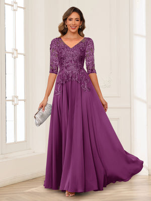 A-Line/Princess V-Neck Long Sleeves Chiffon Mother of the Bride Dresses with Applique