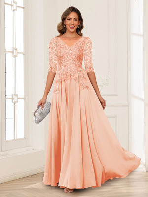 A-Line/Princess V-Neck Long Sleeves Chiffon Mother of the Bride Dresses with Applique