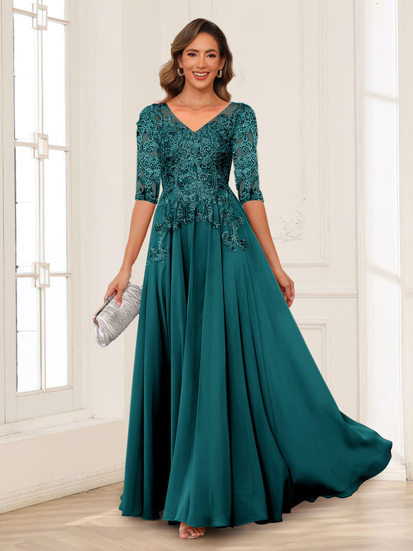 A-Line/Princess V-Neck Long Sleeves Chiffon Mother of the Bride Dresses with Applique