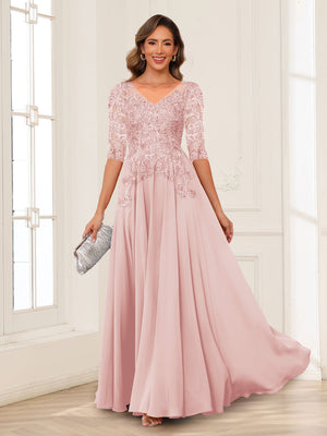 A-Line/Princess V-Neck Long Sleeves Chiffon Mother of the Bride Dresses with Applique