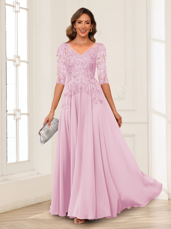 A-Line/Princess V-Neck Long Sleeves Chiffon Mother of the Bride Dresses with Applique