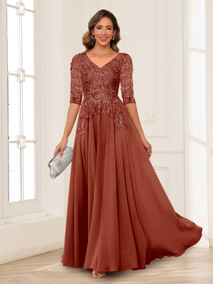 A-Line/Princess V-Neck Long Sleeves Chiffon Mother of the Bride Dresses with Applique
