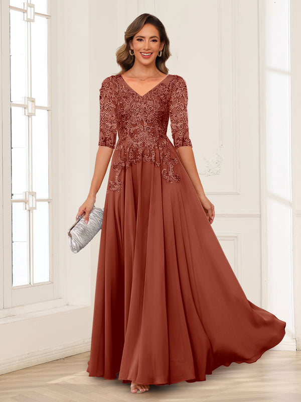 A-Line/Princess V-Neck Long Sleeves Chiffon Mother of the Bride Dresses with Applique