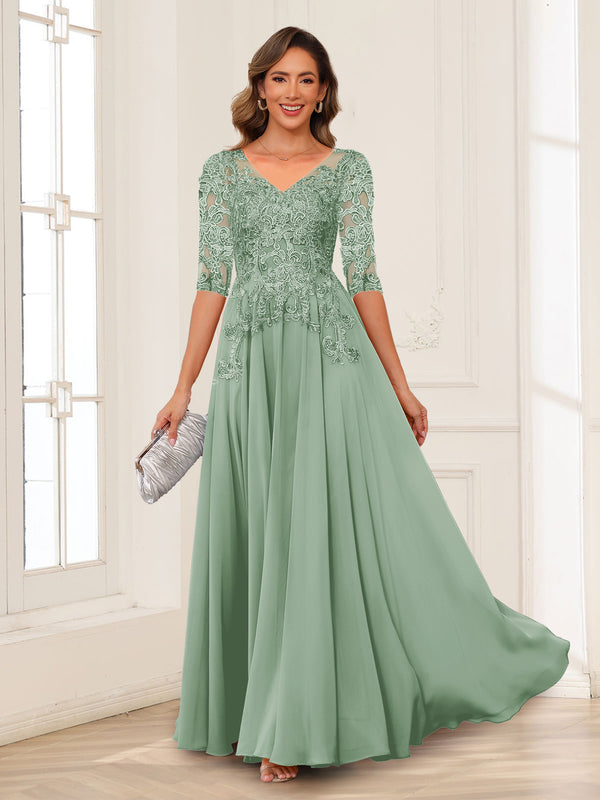 A-Line/Princess V-Neck Long Sleeves Chiffon Mother of the Bride Dresses with Applique