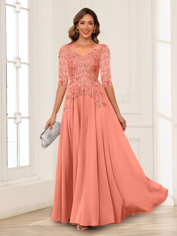 A-Line/Princess V-Neck Long Sleeves Chiffon Mother of the Bride Dresses with Applique