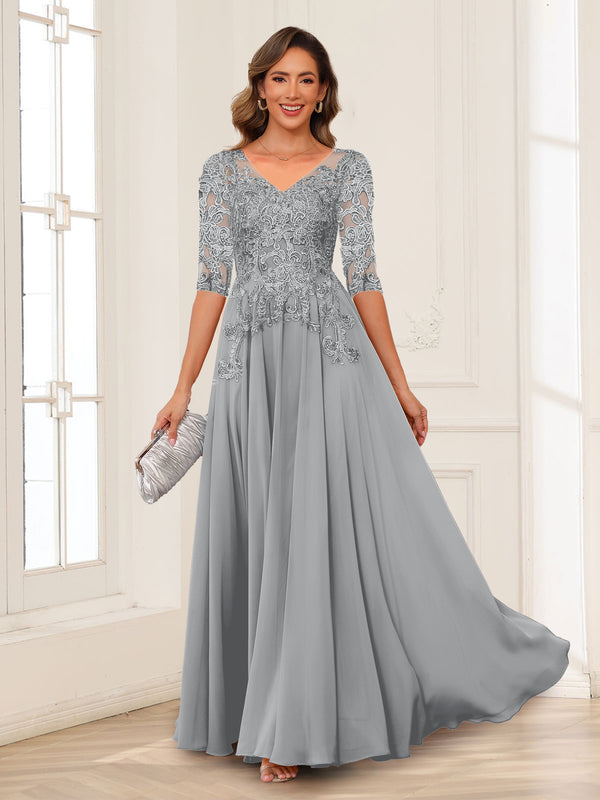 A-Line/Princess V-Neck Long Sleeves Chiffon Mother of the Bride Dresses with Applique