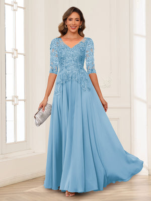 A-Line/Princess V-Neck Long Sleeves Chiffon Mother of the Bride Dresses with Applique