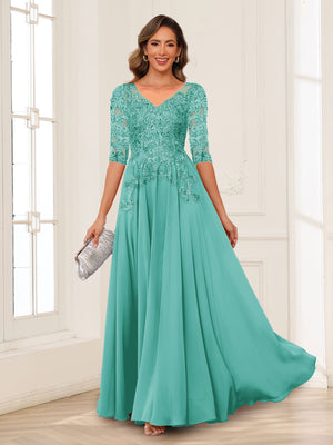 A-Line/Princess V-Neck Long Sleeves Chiffon Mother of the Bride Dresses with Applique