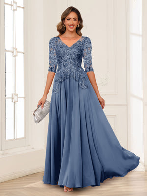 A-Line/Princess V-Neck Long Sleeves Chiffon Mother of the Bride Dresses with Applique