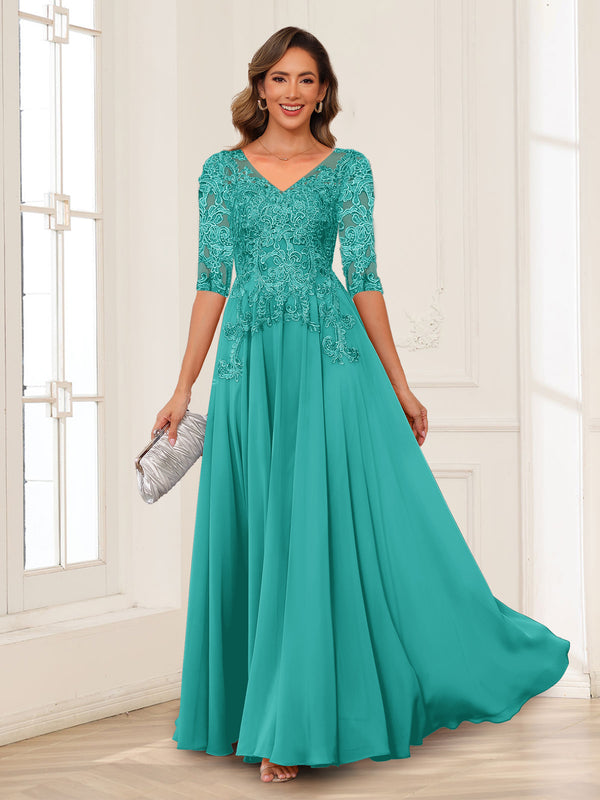 A-Line/Princess V-Neck Long Sleeves Chiffon Mother of the Bride Dresses with Applique