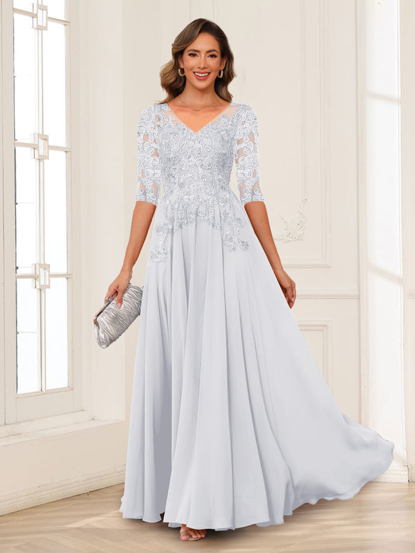 A-Line/Princess V-Neck Long Sleeves Chiffon Mother of the Bride Dresses with Applique