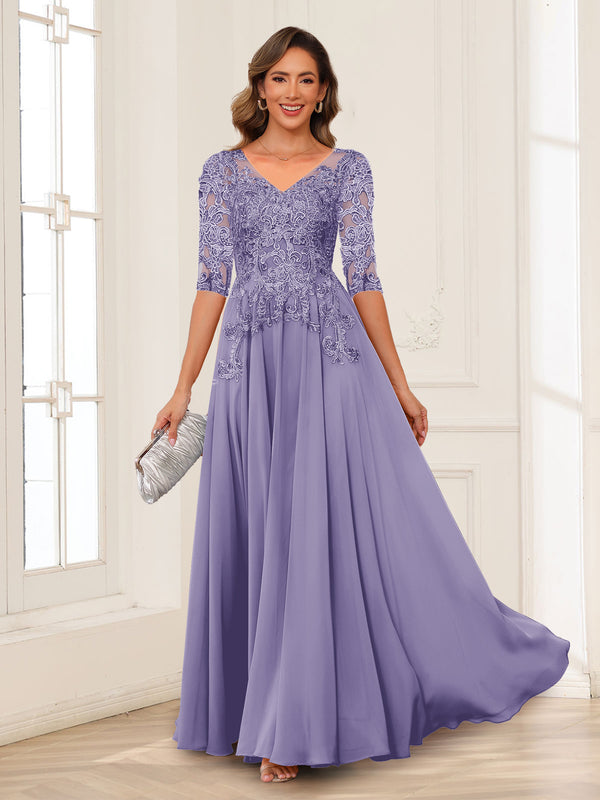A-Line/Princess V-Neck Long Sleeves Chiffon Mother of the Bride Dresses with Applique