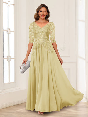 A-Line/Princess V-Neck Long Sleeves Chiffon Mother of the Bride Dresses with Applique