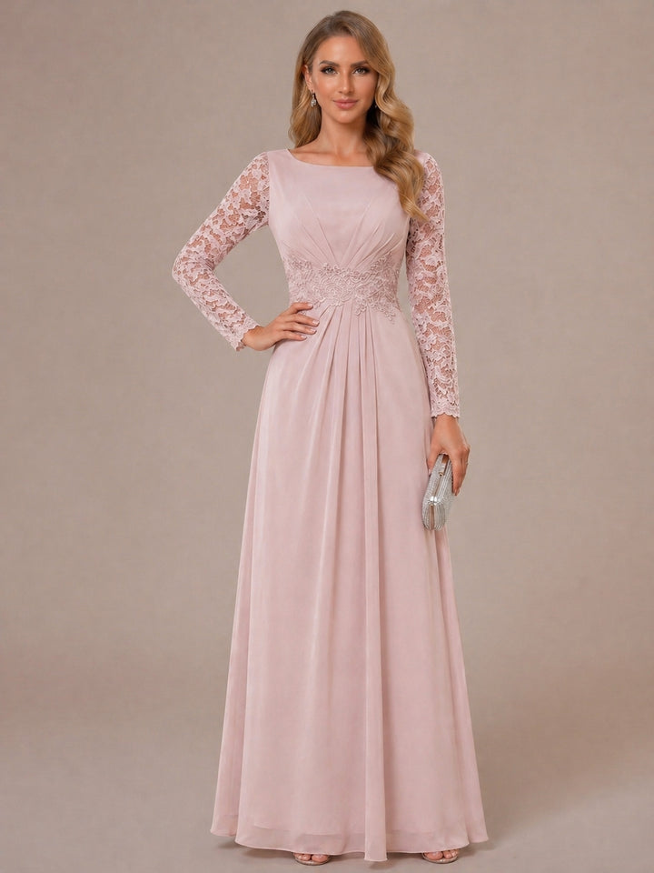 A-Line/Princess Scoop Long Sleeves Ruched Mother of the Bride Dresses with Appliques