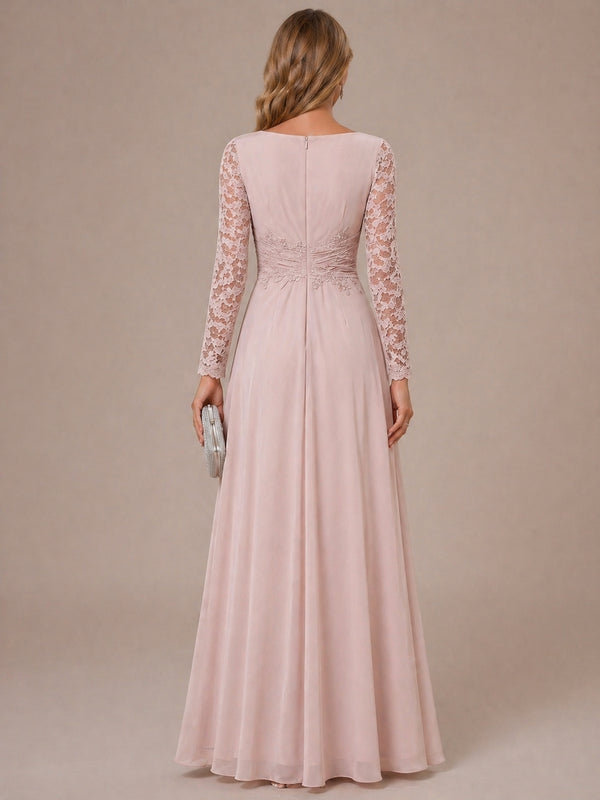 A-Line/Princess Scoop Long Sleeves Ruched Mother of the Bride Dresses with Appliques