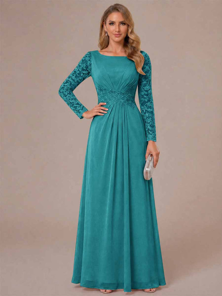 A-Line/Princess Scoop Long Sleeves Ruched Mother of the Bride Dresses with Appliques