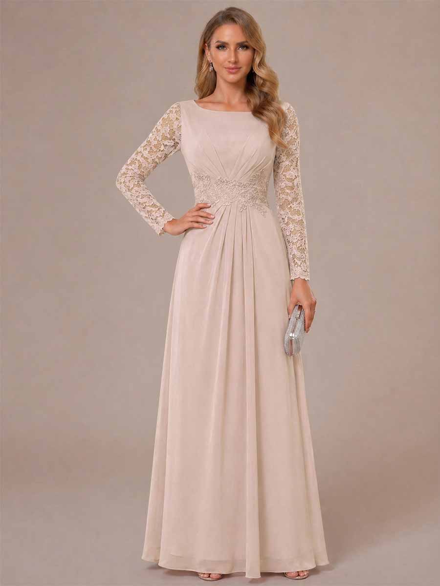 A-Line/Princess Scoop Long Sleeves Ruched Mother of the Bride Dresses with Appliques