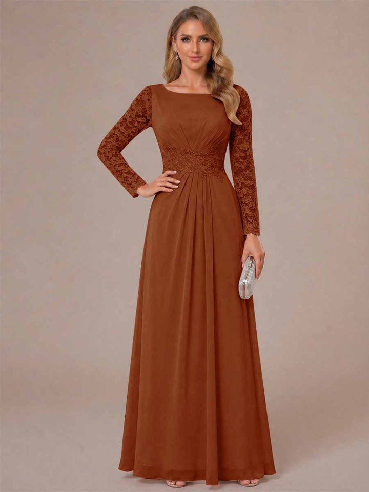 A-Line/Princess Scoop Long Sleeves Ruched Mother of the Bride Dresses with Appliques