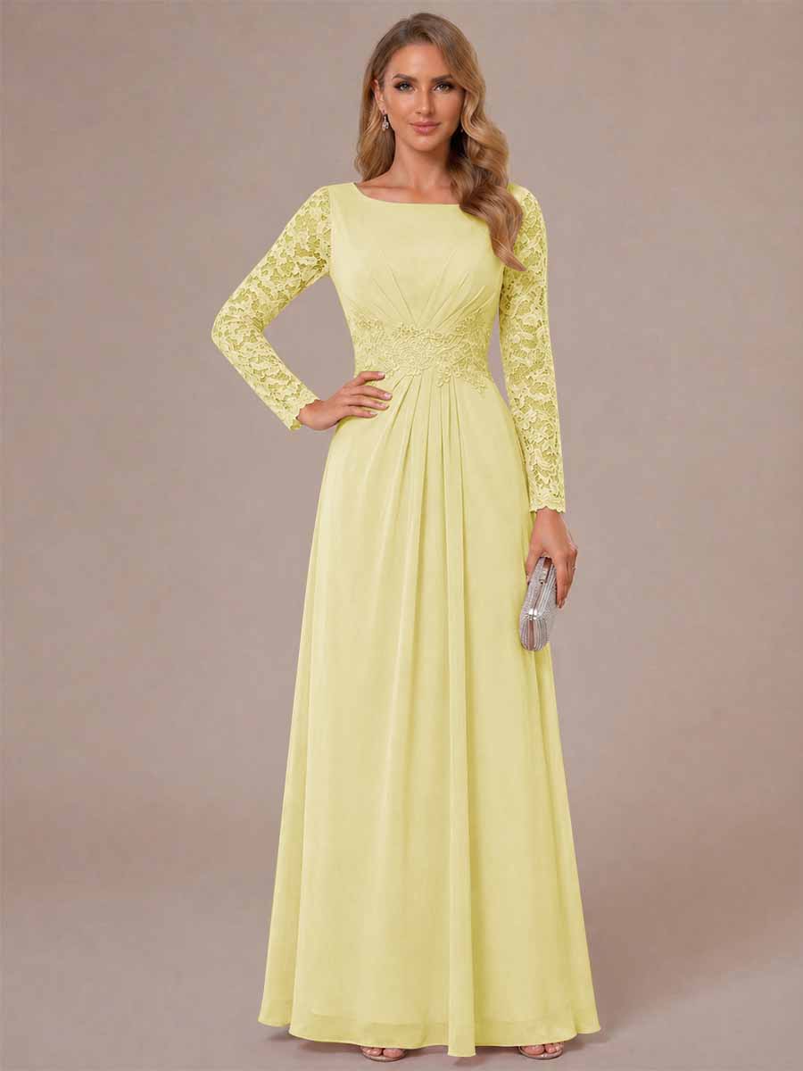 A-Line/Princess Scoop Long Sleeves Ruched Mother of the Bride Dresses with Appliques