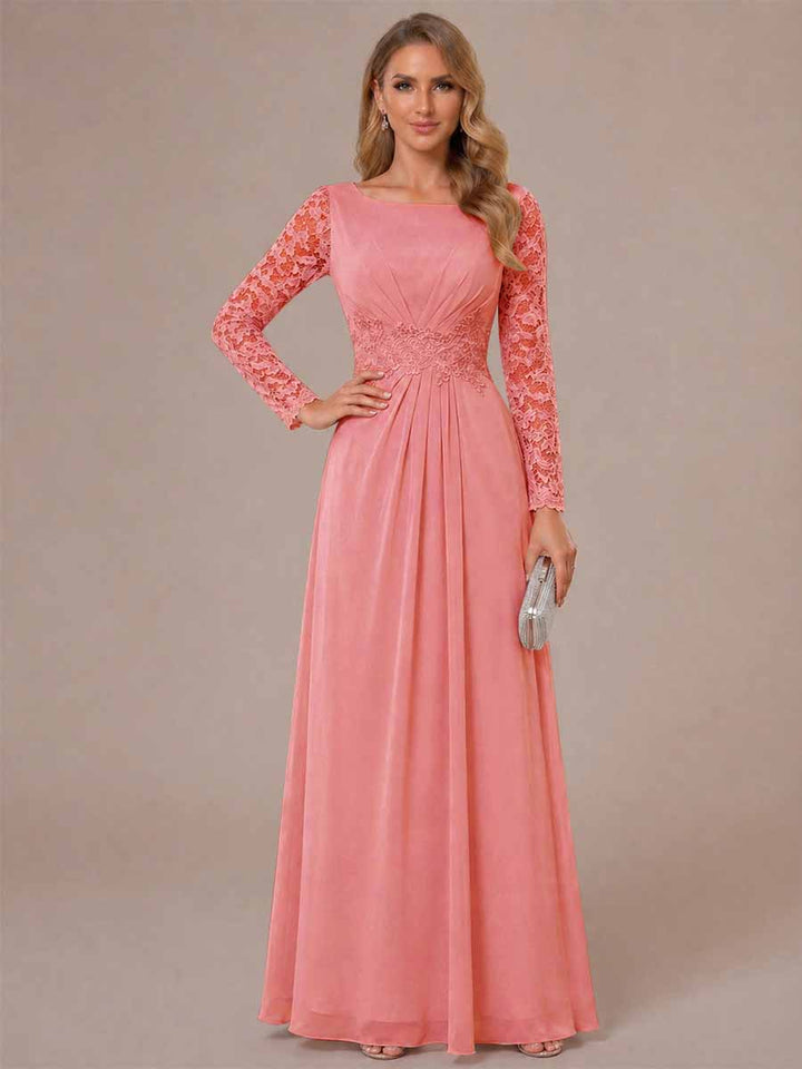 A-Line/Princess Scoop Long Sleeves Ruched Mother of the Bride Dresses with Appliques