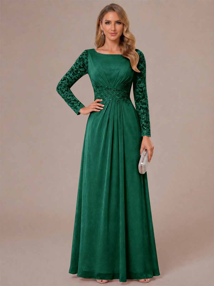 A-Line/Princess Scoop Long Sleeves Ruched Mother of the Bride Dresses with Appliques