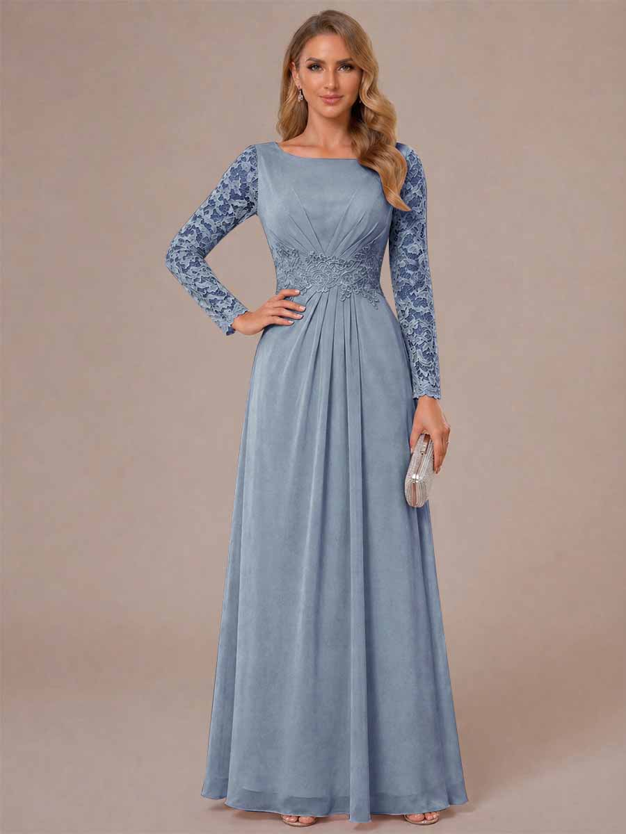 A-Line/Princess Scoop Long Sleeves Ruched Mother of the Bride Dresses with Appliques