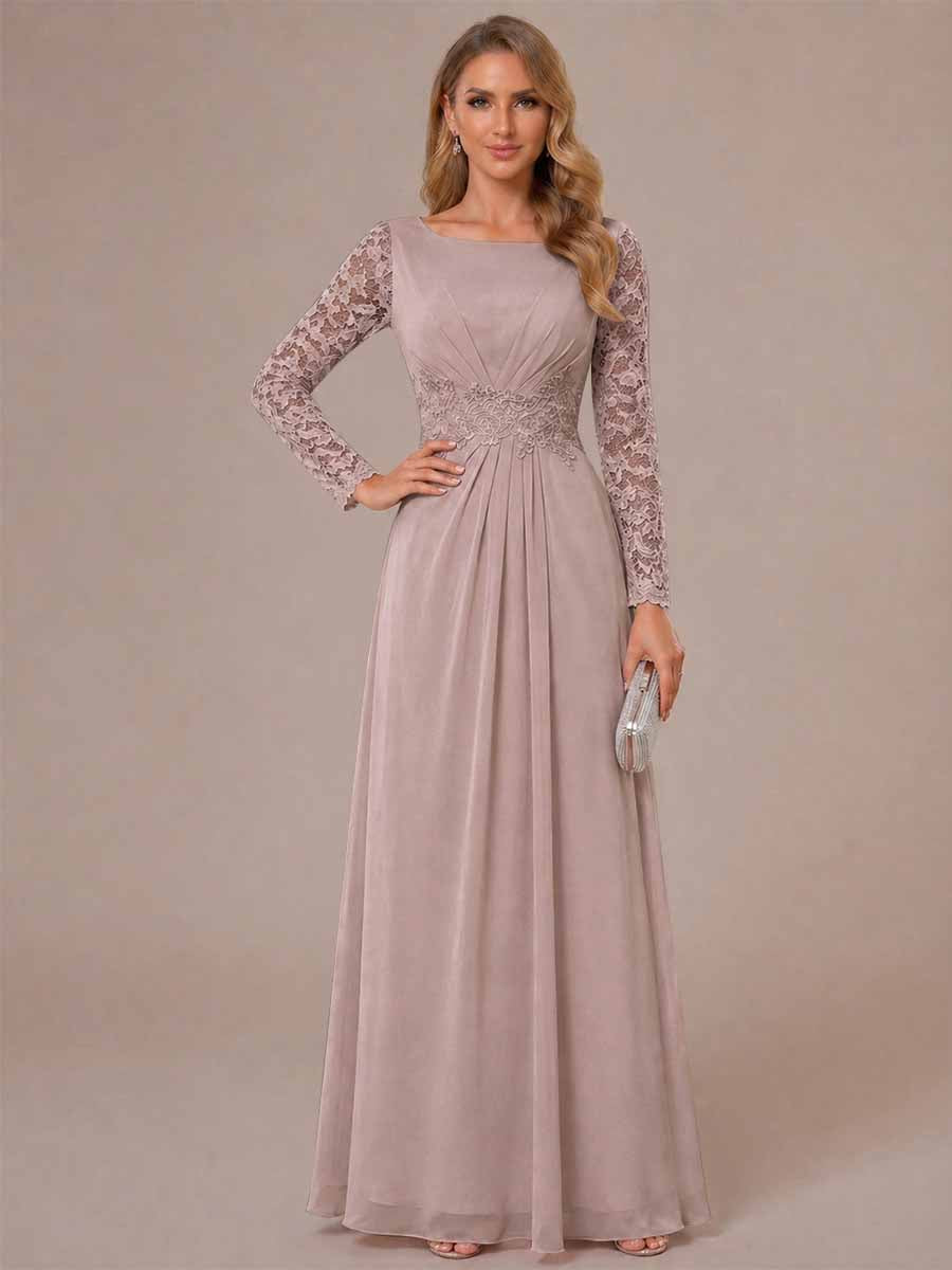 A-Line/Princess Scoop Long Sleeves Ruched Mother of the Bride Dresses with Appliques
