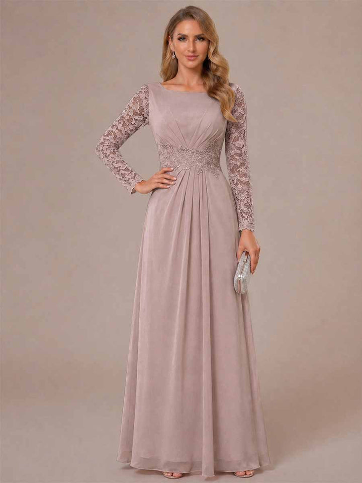 A-Line/Princess Scoop Long Sleeves Ruched Mother of the Bride Dresses with Appliques