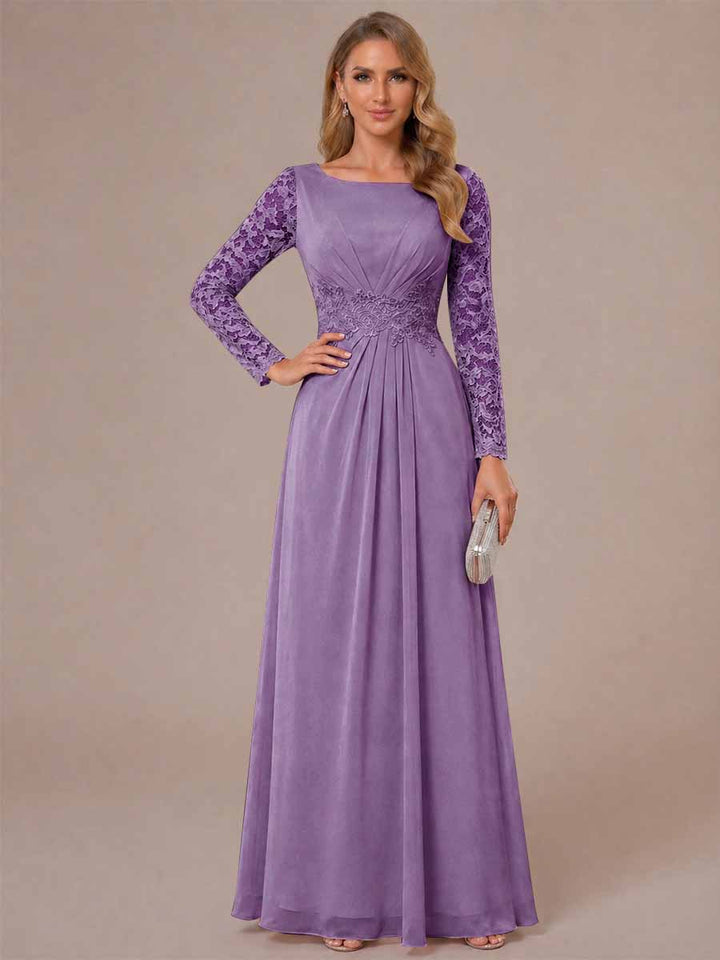A-Line/Princess Scoop Long Sleeves Ruched Mother of the Bride Dresses with Appliques