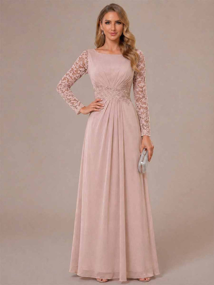A-Line/Princess Scoop Long Sleeves Ruched Mother of the Bride Dresses with Appliques