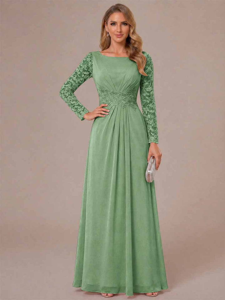A-Line/Princess Scoop Long Sleeves Ruched Mother of the Bride Dresses with Appliques