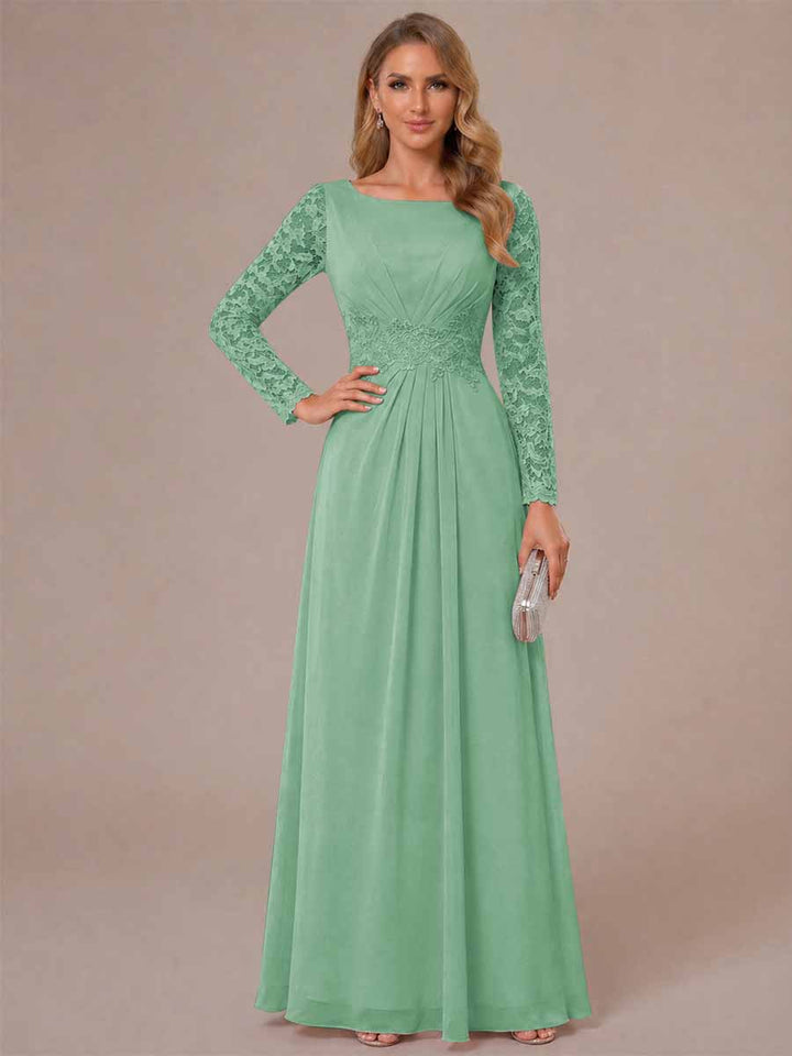 A-Line/Princess Scoop Long Sleeves Ruched Mother of the Bride Dresses with Appliques